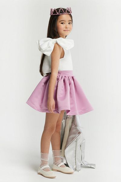 Le Mabelle Lilac One-Shoulder Bow Detailed Skirt Crop Girl's Double Set - Luisa