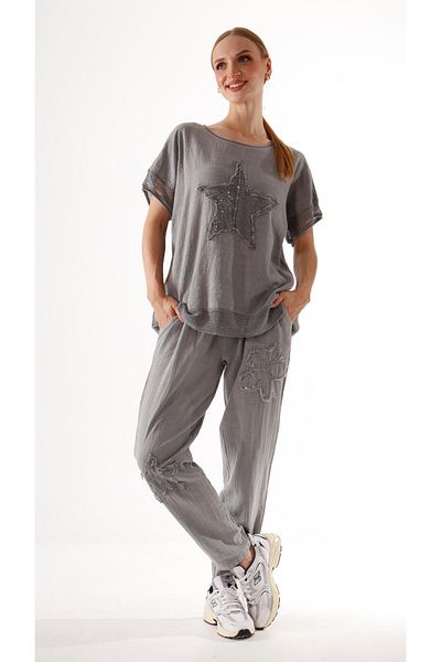 shE tekstil Floral Sequined Linen Trousers