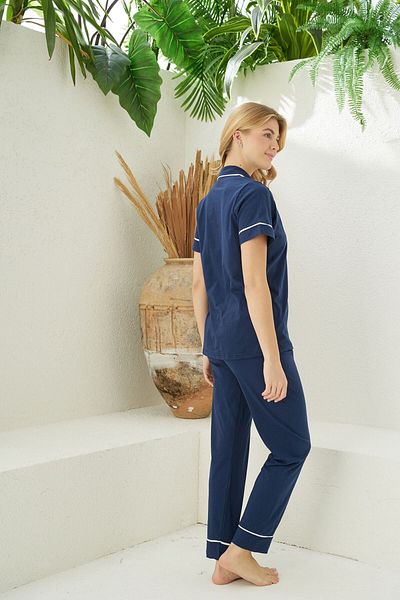 PİJAMOOD Women's Navy Blue Short Sleeve Cotton Front Buttoned Piping Pajama Set