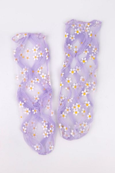 Le Mabelle Lilac Daisy Patterned Girl's Tulle Socks