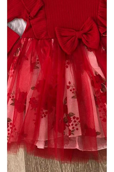 Retro Women Kız Çocuk Çiçekli Toz Pembe -kırmızı Tütü Doğum Günü Abiye Prenses Şık Elbise