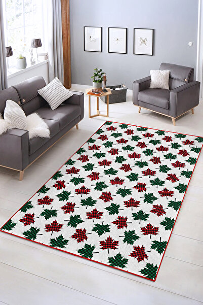 Realhomes Yılbaşı Temalı Kırmızı ve Yeşil Yapraklı Yıkanabilir Dikdörtgen Halı