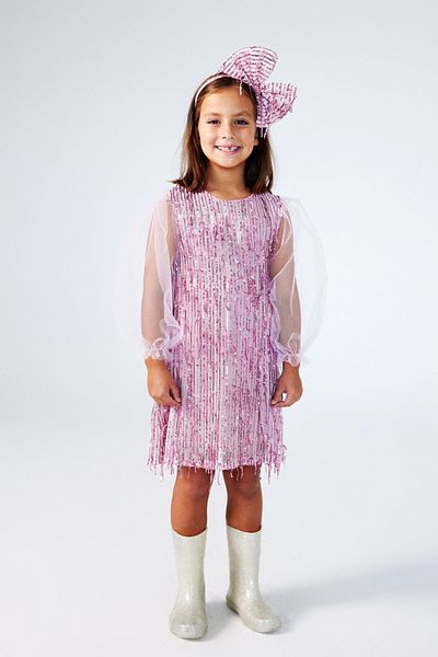 Le Mabelle Emery Girl's Dress - Pink Sequin and Fringe Detail