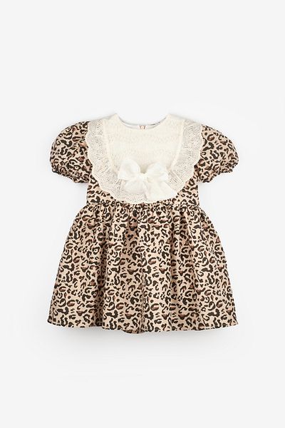 Le Mabelle Brown Short Sleeve Scallop Detailed Bow Girl's Dress - Rosa