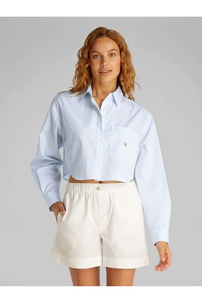 Calvin Klein Brilliant White & Blue Stripe Women Woven Label Cropped Long Sleeve Shirt