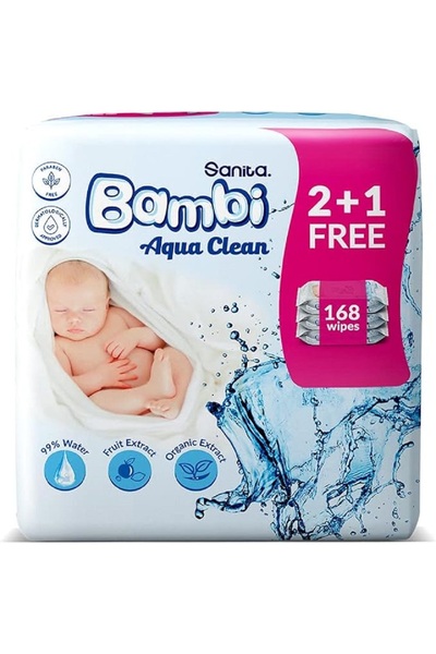 Sanita Bambi Baby Wet Wipes - Aqua Clean (1+2) Pack, 168 Wipes