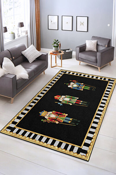 Realhomes Siyah Zeminli Üçlü Fındıkkıran Asker Desenli Salon Halısı