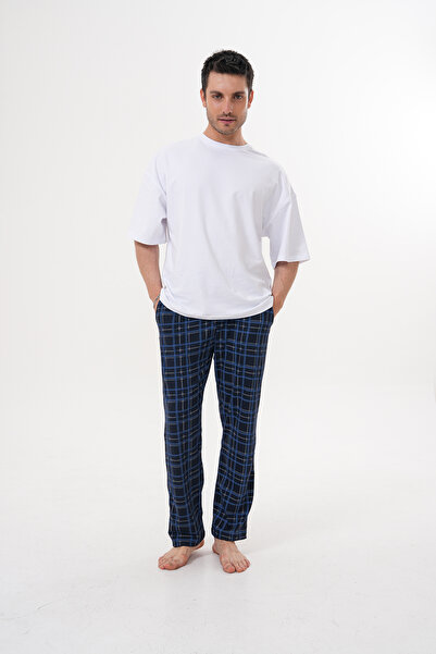 Pijamasoft Erkek Pamuklu Cepli Ekose Baskılı Beli Lastikli Pijama Altı Lacivert - Mavi 9