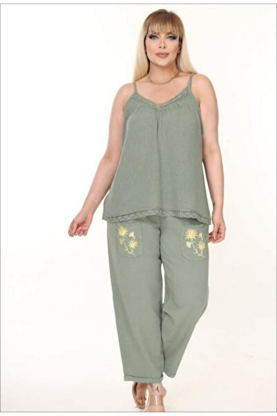 Seviliko Kadın Büyük Beden İnce Askılı Dantel Detaylı Bluz&Nakış Detaylı Pant...