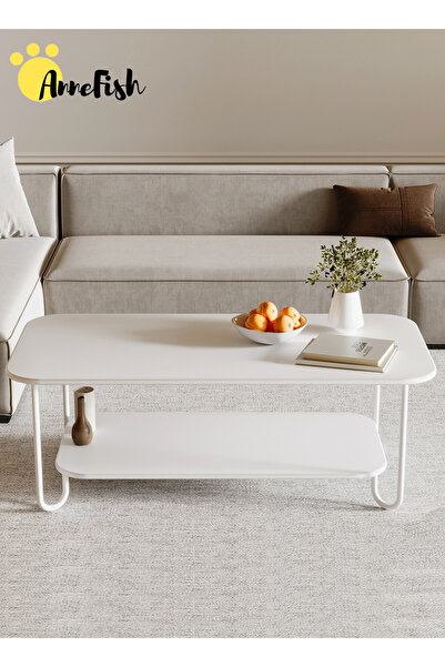 AnneFish 100*50*41.5cm Coffee Table Double Layer Large Storage Capacity Open Shelf For Home Living Room White