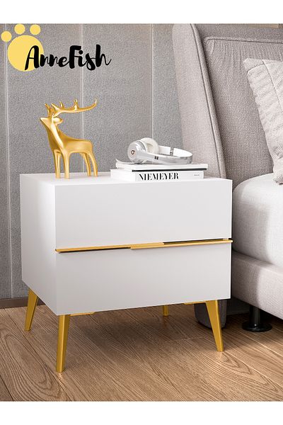 AnneFish Nightstand Luxury Home Bedside Table 2 Drawers Gold Side End Service Table for Bedroom Living Room