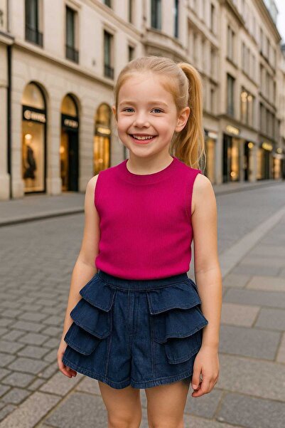 kidsense بدلة رياضية قصيرة مضلعة مع شورت دينم مكشكش للفتيات