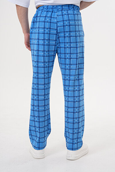 Pijamasoft Erkek Pamuklu Cepli Ekose Baskılı Beli Lastikli Şık Pijama Altı Saks Mavi 07