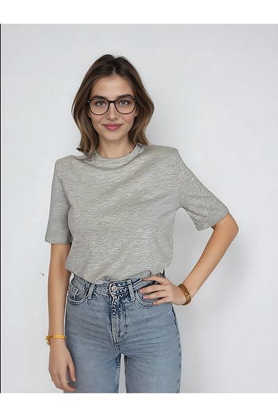 poupee Gray Padded Knitted Regular Fit Crew Neck Women's T-shirt