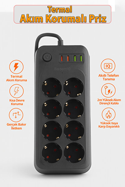 Badem10 8 Prizli 4 USB Girişli Akım Korumalı Topraklı Golyat Grup Şarj Fiş Priz 2 Metre Uzatma Kablosu