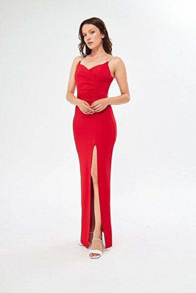 bayansepeti Women's Jewelled Strap Scuba Fabric Maxi Length Red Evening Dress with Chest Cutout and Slit Detail582513