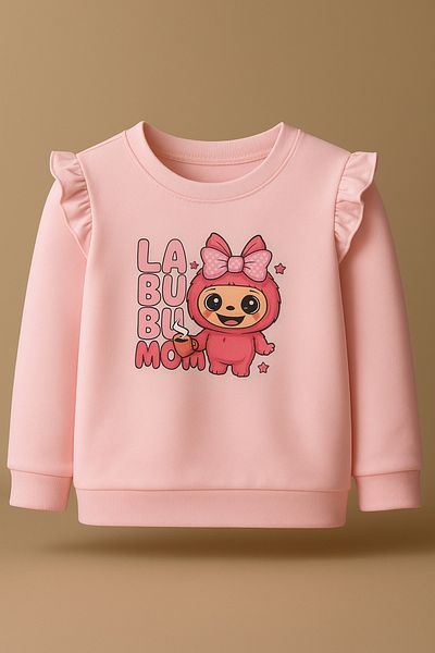 ESİLA KİDS Girl's Suit Pink Labubu Printed Ruffle Sweatshirt and Sweatpants Set 5-8 Years