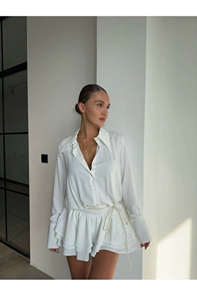 Diemmood Kadın Beyaz Gömlek Yaka Volanlı Pileli Mini Elbise