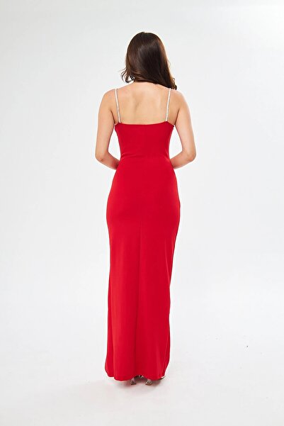 bayansepeti Women's Jewelled Strap Scuba Fabric Maxi Length Red Evening Dress with Chest Cutout and Slit Detail582513