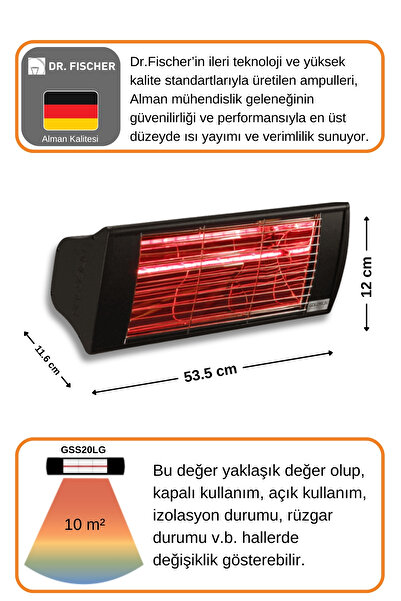 GOLDSUN Supra 2000 Watt GSS20LG Düşük Işıklı Kumandasız Suya Dayanıklı Elektrikli İnfrared Isıtıcı-Siyah