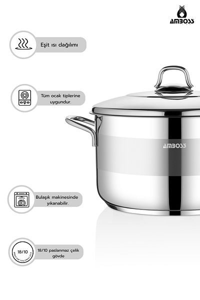 Amboss Saphire Stainless Steel 28 cm Deep Pot with Steel Lid