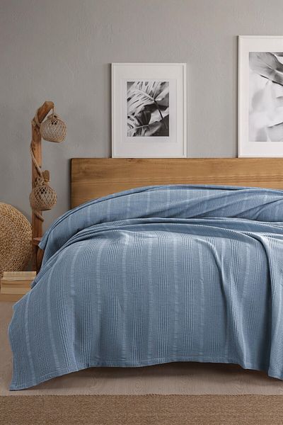 Sevim Single Waffle Pike 160X230Cm, 100% Cotton, Honeycomb Design, Blue Color