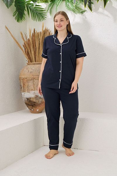 PİJAMOOD Plus Size Women's Navy Blue Short Sleeve Cotton Front Buttoned Piping Pajamas Set