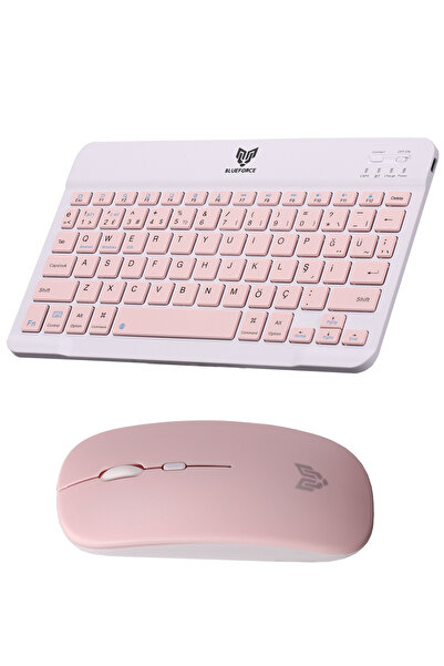 Blueforce Km-33 Çift Modlu Wireless Bluetooth Kablosuz Klavye Mouse Set Pembe Pc, Tablet, Telefon, Tv Uyumlu