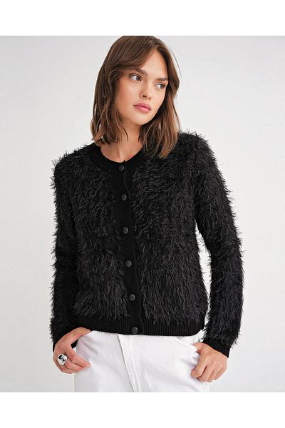 Mixray 6897 Model - Black Women's Knitwear Cardigan with Long Beard and Band Detail
