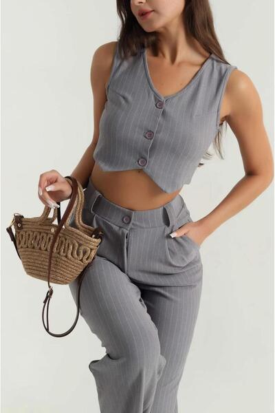 MODA Füme Çizgili Krep Yelek Pantolon Kadın İkili Takım