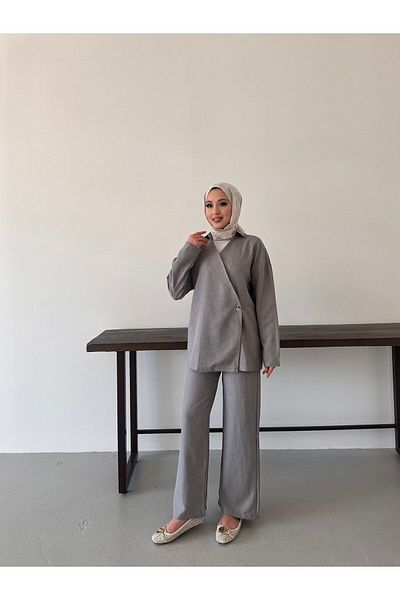 only moon Women's Clothing Linen Gray Tunic-Pants Set
