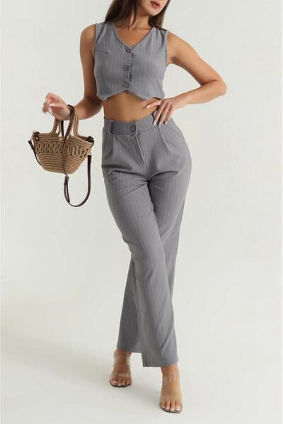 MODA Füme Çizgili Krep Yelek Pantolon Kadın İkili Takım