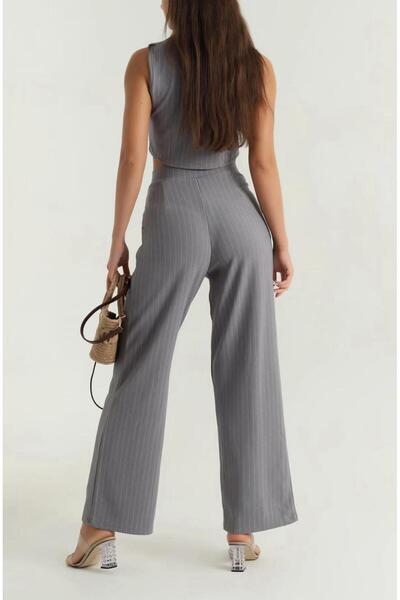 MODA Füme Çizgili Krep Yelek Pantolon Kadın İkili Takım