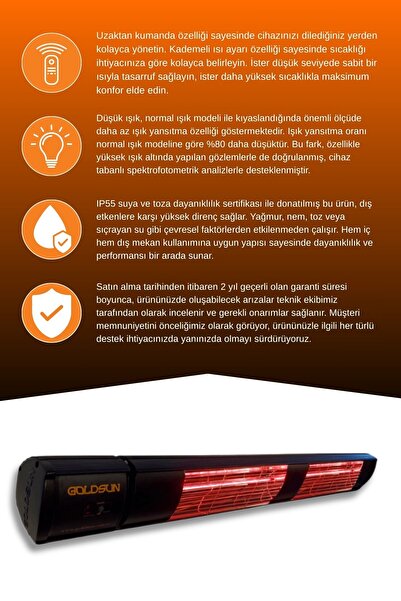 GOLDSUN Aqua Plus 3000 Watt GSA30PLG Düşük Işıklı Kumandalı Suya Dayanıklı Elektrikli İnfrared Isıtıcı-Siyah