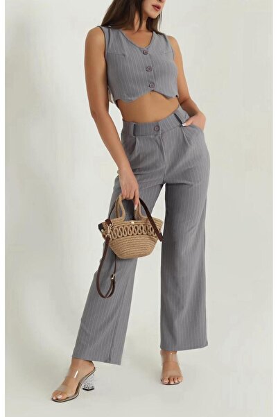 MODA Füme Çizgili Krep Yelek Pantolon Kadın İkili Takım