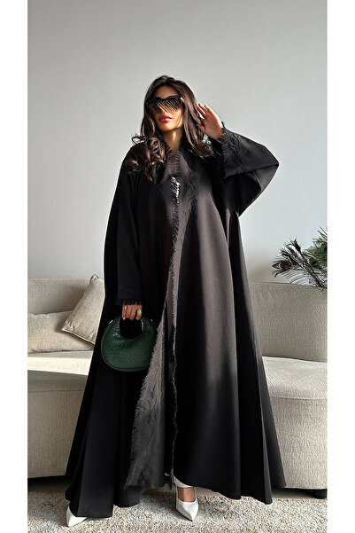 outline Double-layer summer abaya with elegant embroidery and tassels