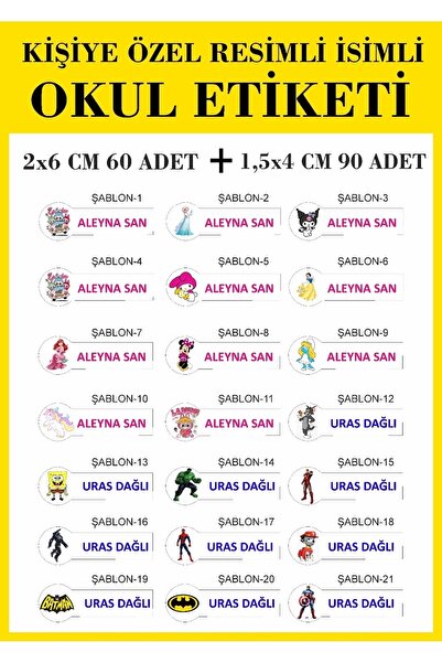 MOD KİŞİYE ÖZEL İSİMLİ RESİMLİ OKUL ETİKETİ DEFTER KALEM ETİKETİ 2 BOY 150 Adet