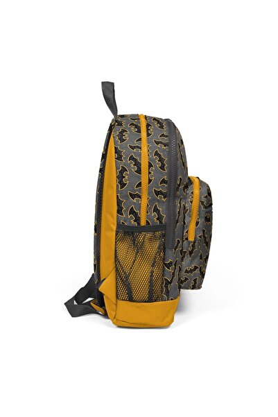 Coral High Kids Dark Gray Mustard Bat Patterned School Backpack with Four Compartments and Three Compartments Pencil Bag