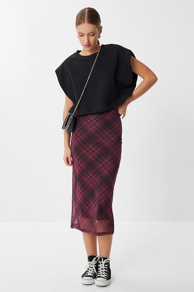 Lovelyİstanbul Checkered Tulle Woven Skirt Lub0069 Bordo Black