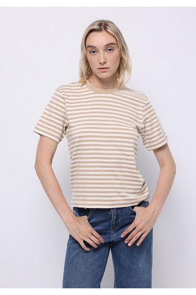 Colin's Regular Fit Round Neck Striped Women's Beige Cotton Short Sleeve T-Shirt