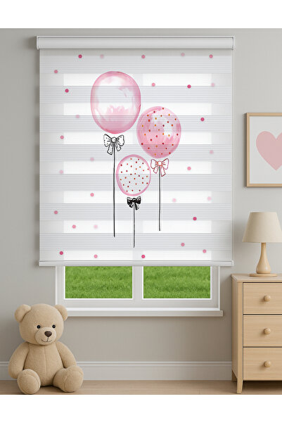 Home Pembe Balon ve Puanlı Fiyonk Desenli Dijital Zebra Stor Perde – Kız Bebe...