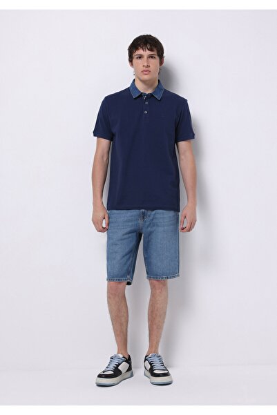 Colin's Regular Fit Polo Neck Plain Men's Blue Knitted Pocketless Short Sleeve T-Shirt