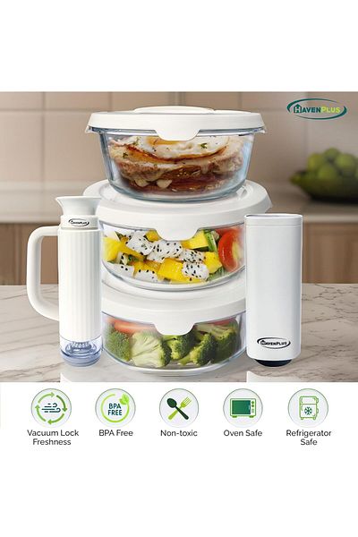 HavenPlus Food Vacuum Round Glass Storage Container Set With Automatic & Manual Pump