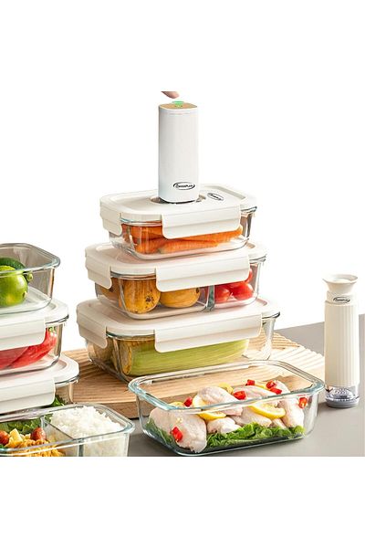 HavenPlus Rectangular Food Vacuum Glass Storage Container Set – 3 Pieces, Automatic & Manual Pump