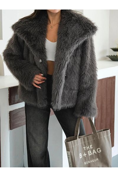 NET OF NOT Amaya Anthracite Shawl Collar Comfortable Fit Premium Quality Zr Fur Coat with Inner Lining