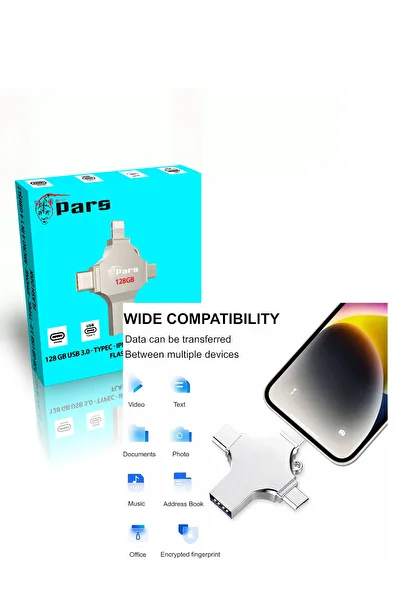 ANADOLU PARS قرص فلاش OTG 4 في 1 سعة 128 جيجابايت - USB 3.0 - IPHONE - TYPEC - MICRO