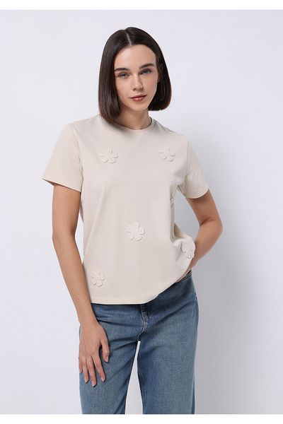 Colin's Regular Fit Round Neck Embroidered Women's Ecru Short Sleeve T-Shirt