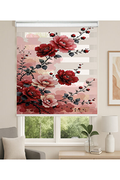 Home Kırmızı Pembe Şakayık Çiçek Desenli Dijital Baskılı Zebra Stor Perde – M...