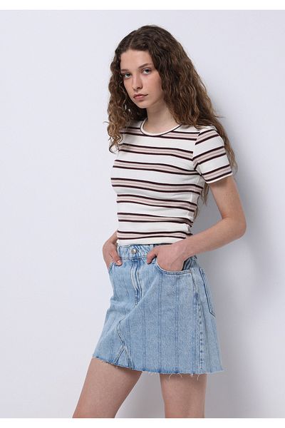 Colin's Slim Fit Round Neck Striped Women's Ecru Short Sleeve T-Shirt