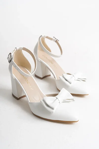 Melacomfort White Thick Heeled Buckle Bow Detailed Women's Evening Dress Shoes